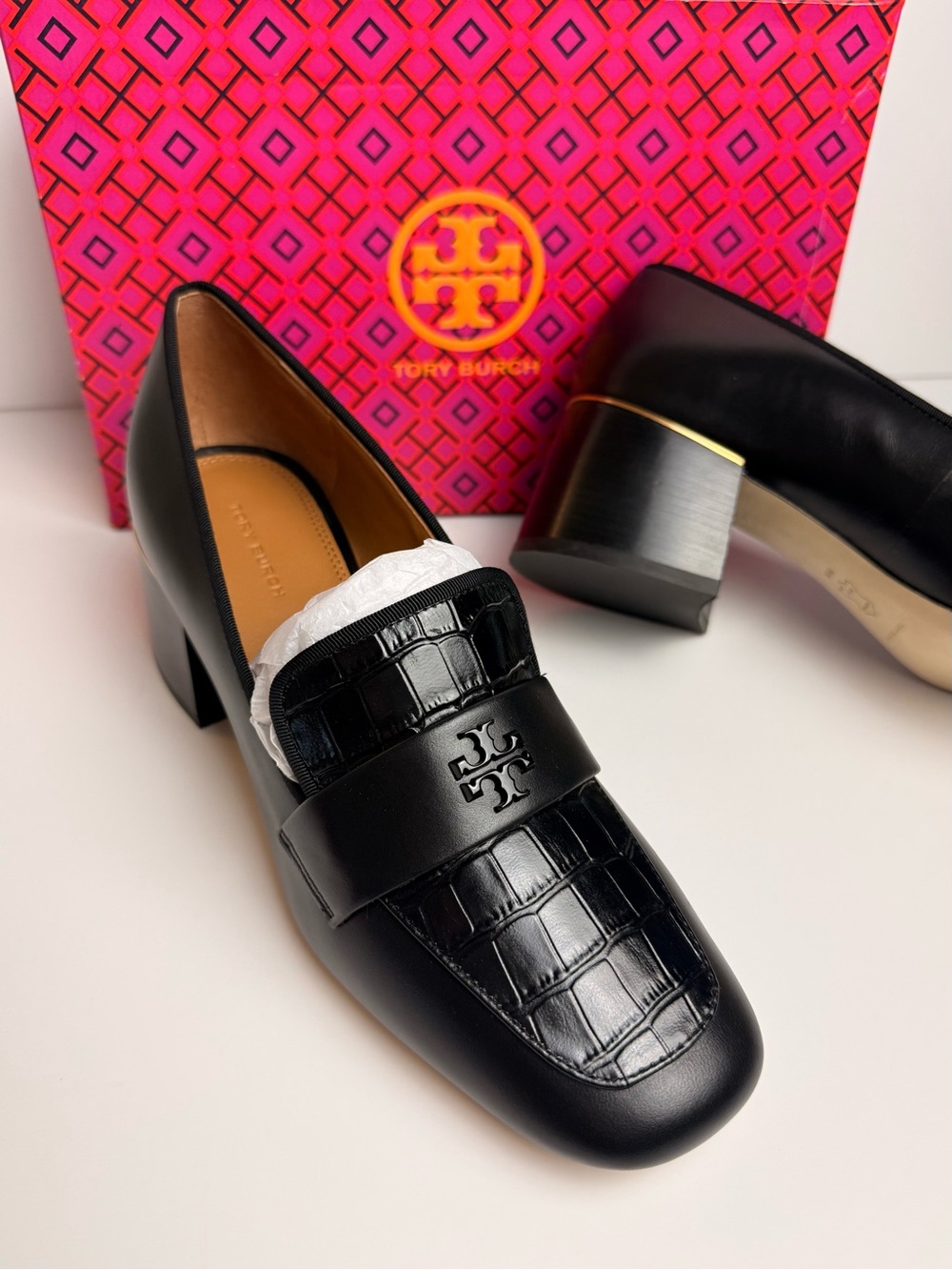 Tory Burch Everly 55mm Loafers Black Leather Croc Embossed Block Heel Pumps